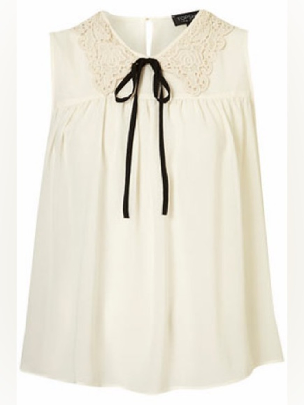 TOPSHOP | Cream Chiffon Sleeveless Top with Lace Collar and Black Tie